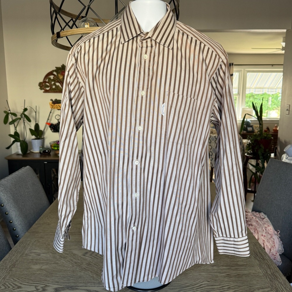 Faconnable Mens Brown White Striped Cotton Button Down Shirt Made in USA 17L L